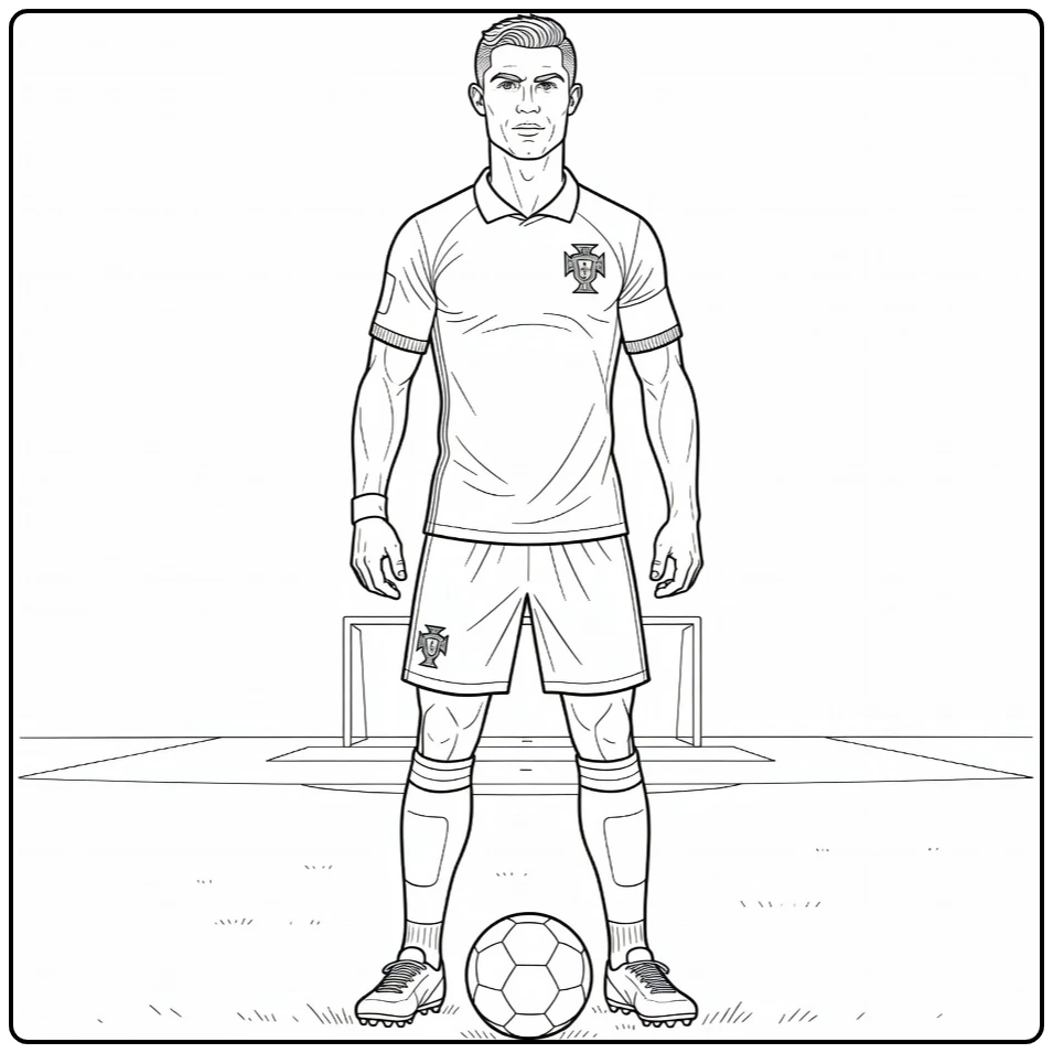 kleurplaat ronaldo portugal met Ronaldo en bal op het veld