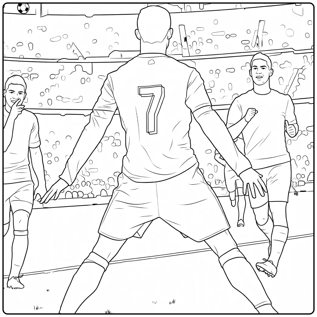 kleurplaat ronaldo siuuu met voetballers in stadion