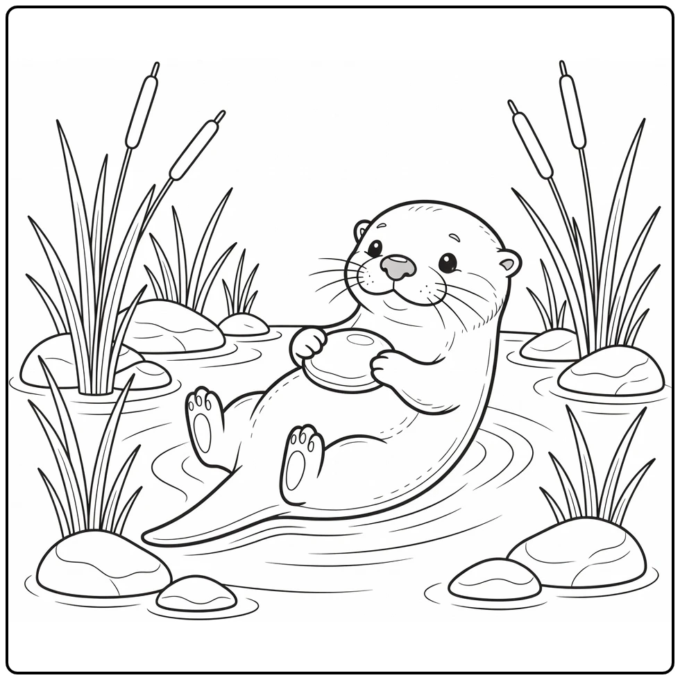 kleurplaat schattige dieren otter met steentje in kalme rivier