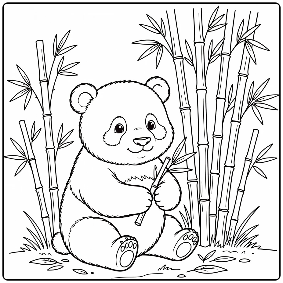 kleurplaat schattige dieren baby panda met bamboe