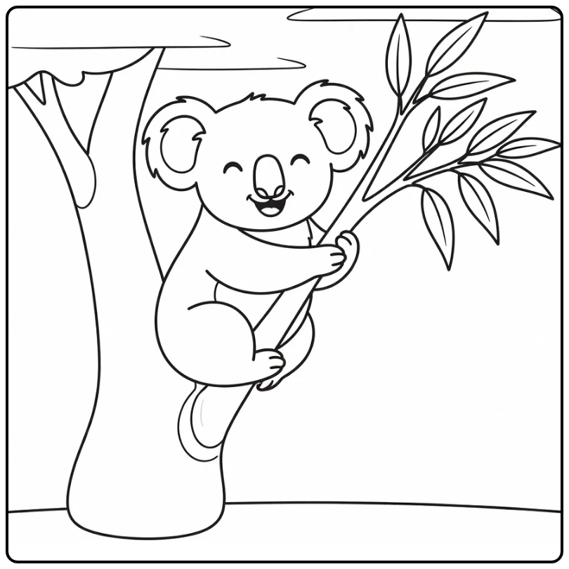 kleurplaat schattige dieren: koala knuffelt eucalyptustak