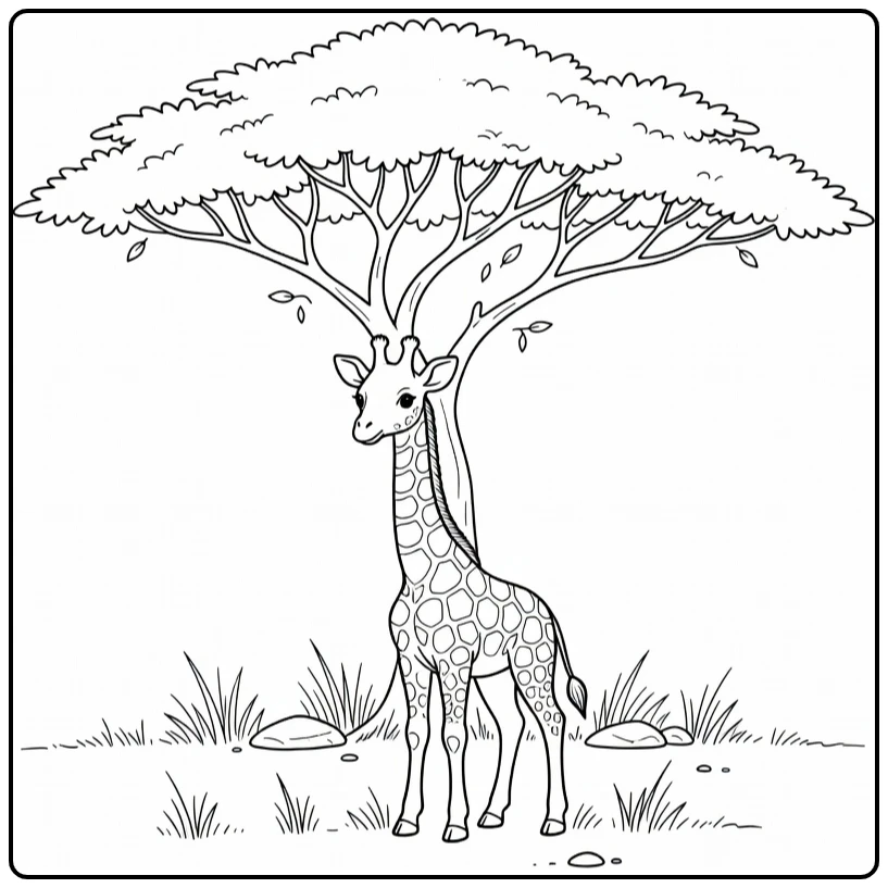 kleurplaat schattige dieren baby giraffe onder acacia