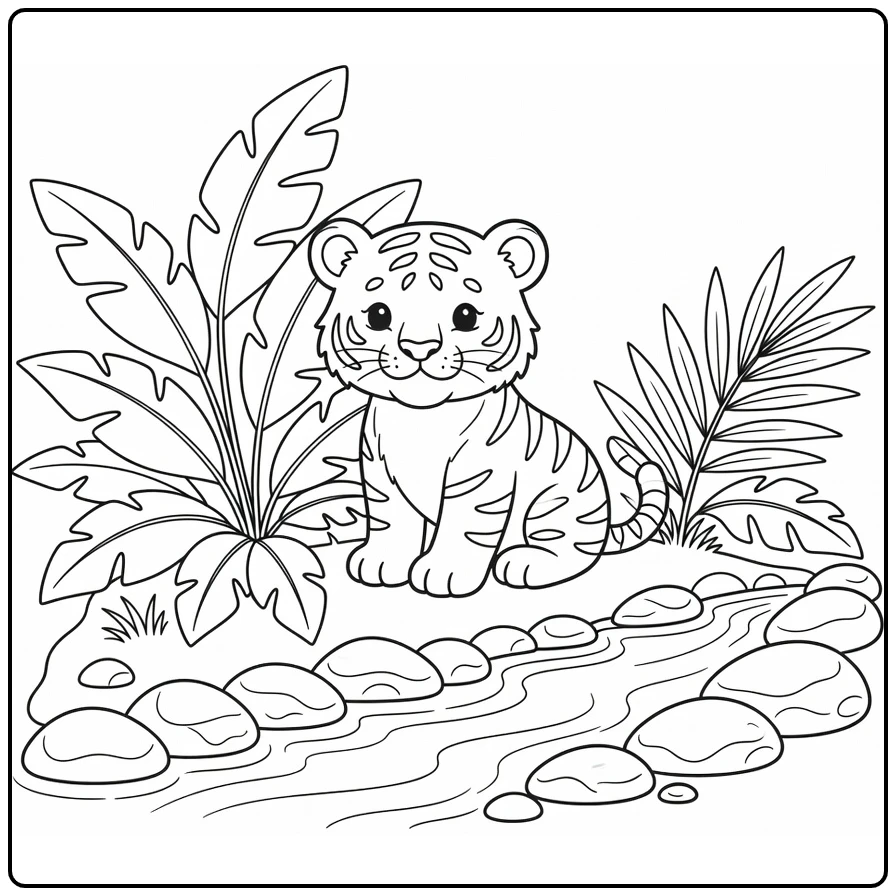 kleurplaat schattige dieren baby tijger bij jungle bladeren
