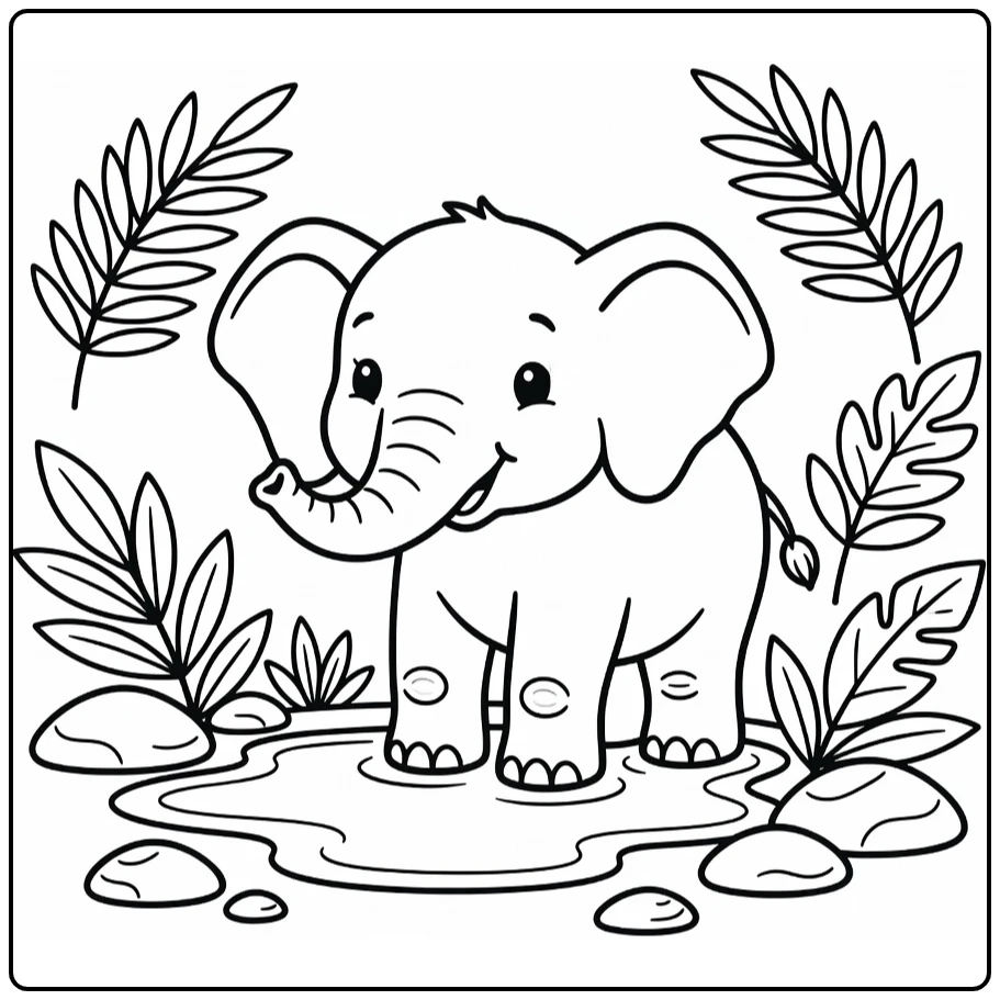 kleurplaat schattige dieren baby olifant bij plas