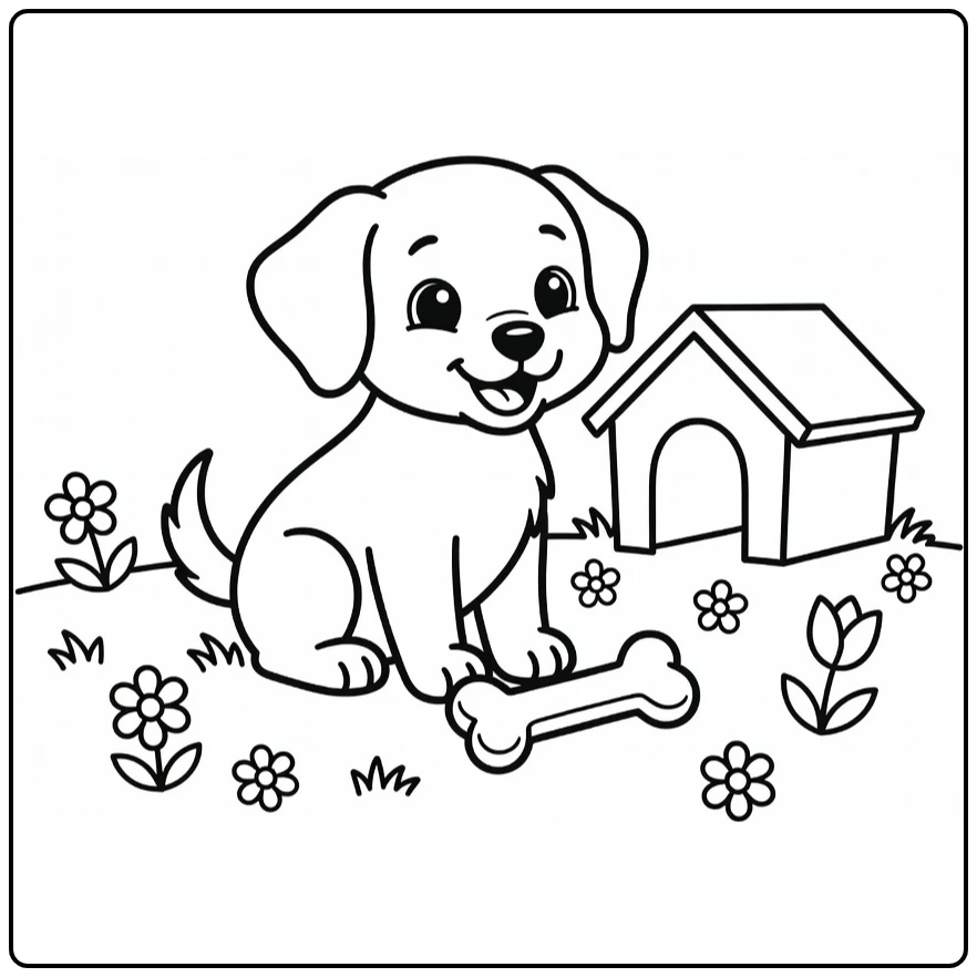 kleurplaat schattige dieren puppy in gras met hondenhok