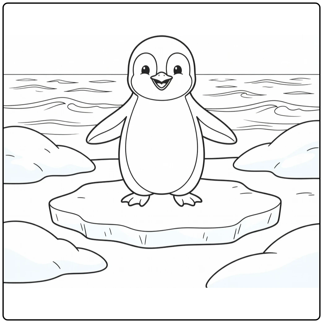 kleurplaat schattige dieren met blije pinguïnkuiken op ijs