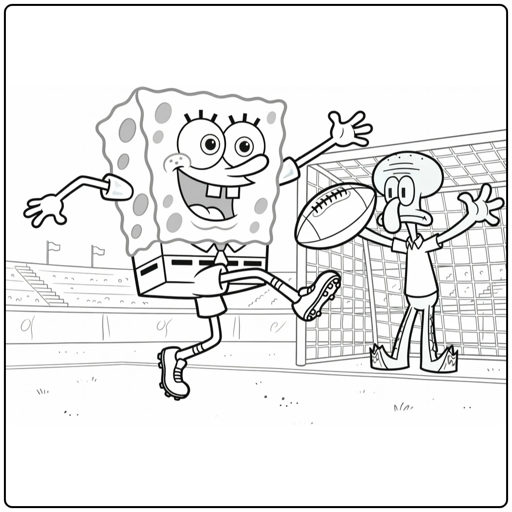 kleurplaat spongebob voetbal SpongeBob schopt naar goal