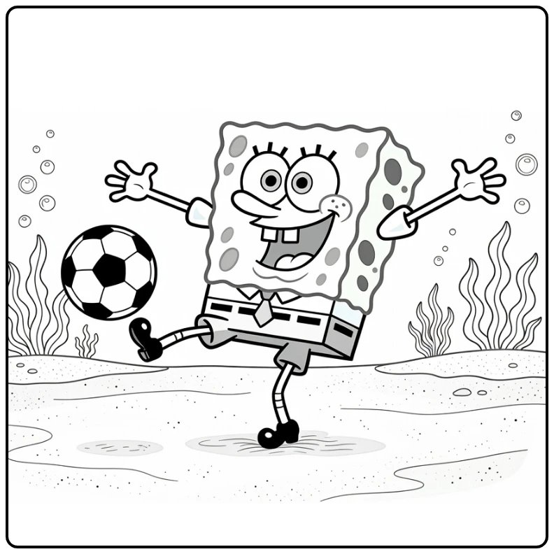 kleurplaat spongebob voetbal met bubbels en zeeplanten