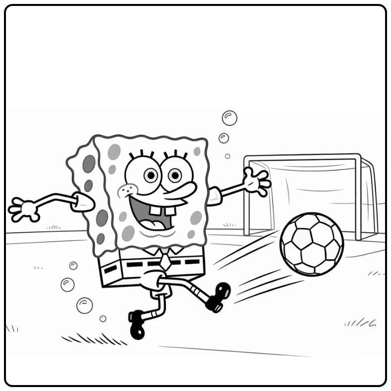 kleurplaat spongebob voetbal met penalty kick en bal