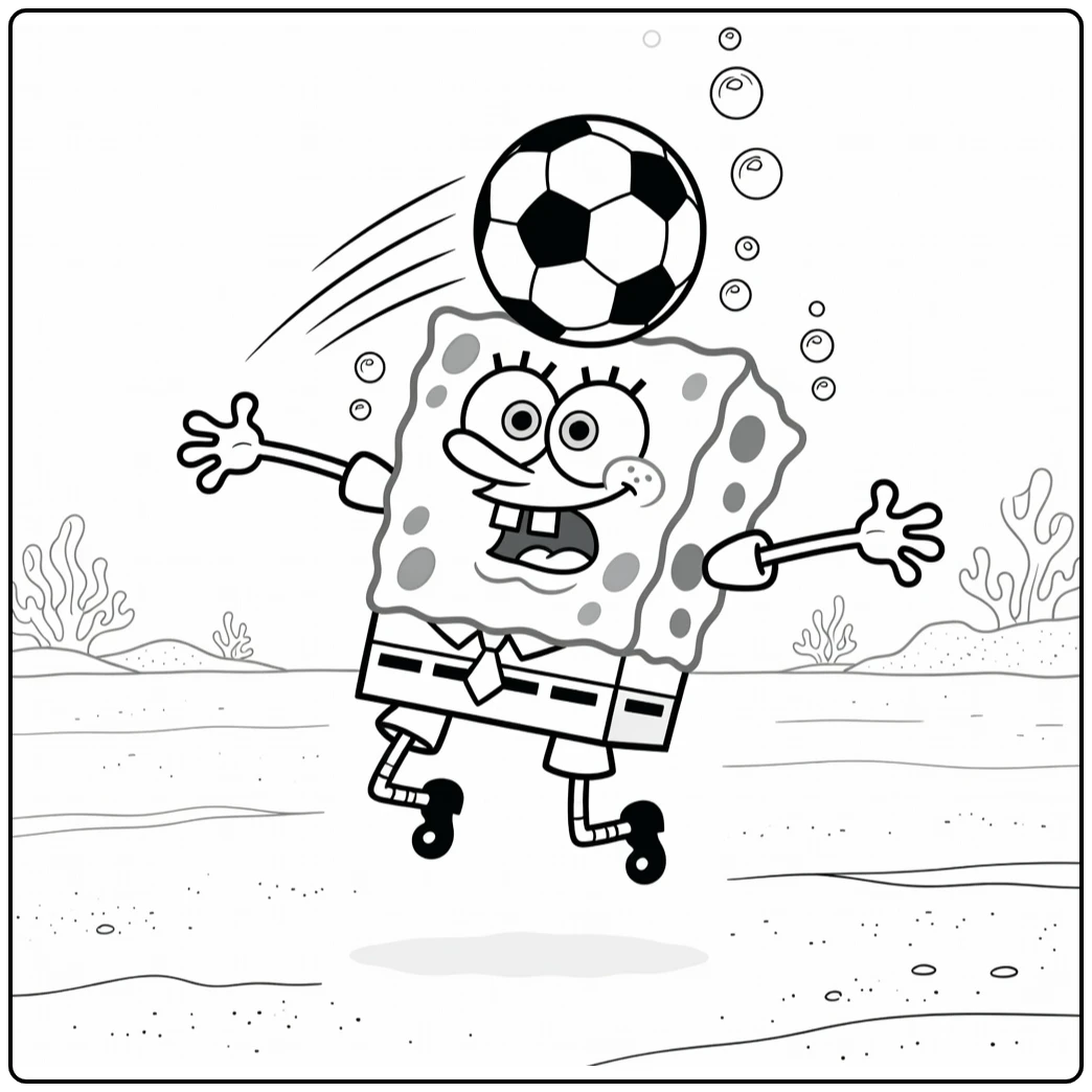kleurplaat spongebob voetbal met SpongeBob die bal kopstoot