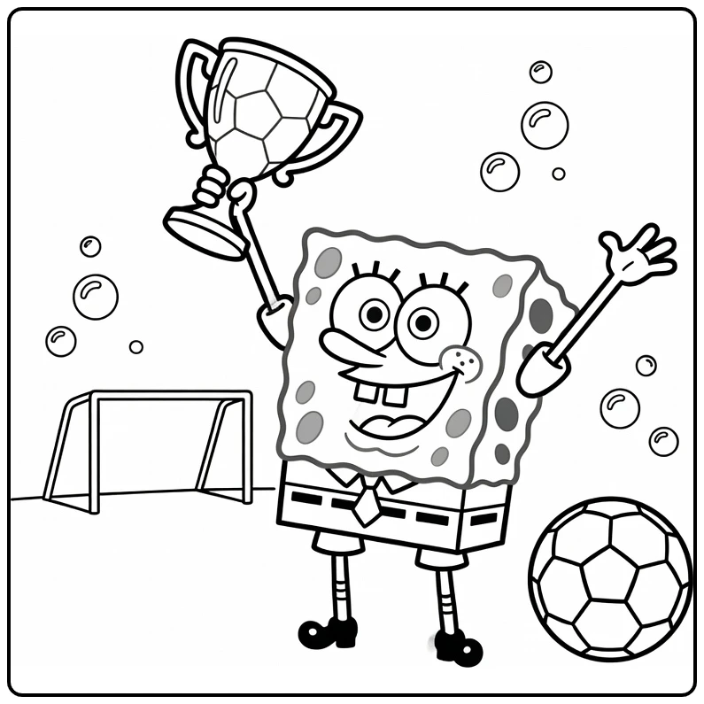 kleurplaat spongebob voetbal SpongeBob met trofee en bal