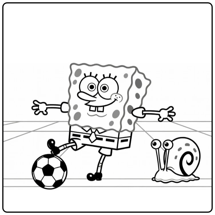 kleurplaat spongebob voetbal SpongeBob kickt bal Gary kijkt