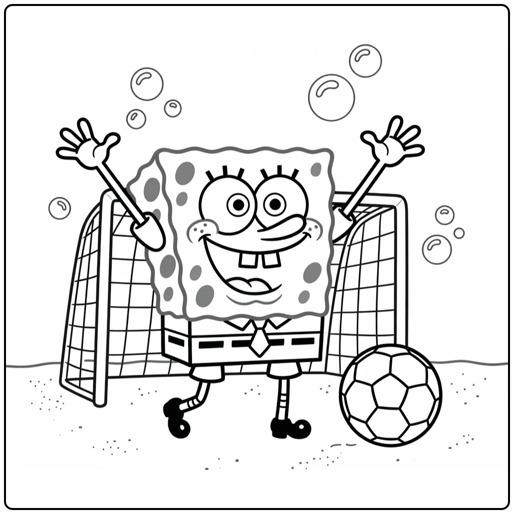 kleurplaat spongebob voetbal SpongeBob viert goal met armen omhoog