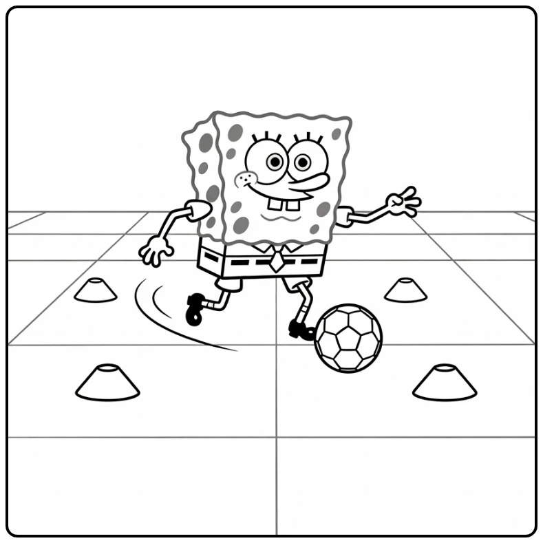 kleurplaat spongebob voetbal met kegels en balspoor
