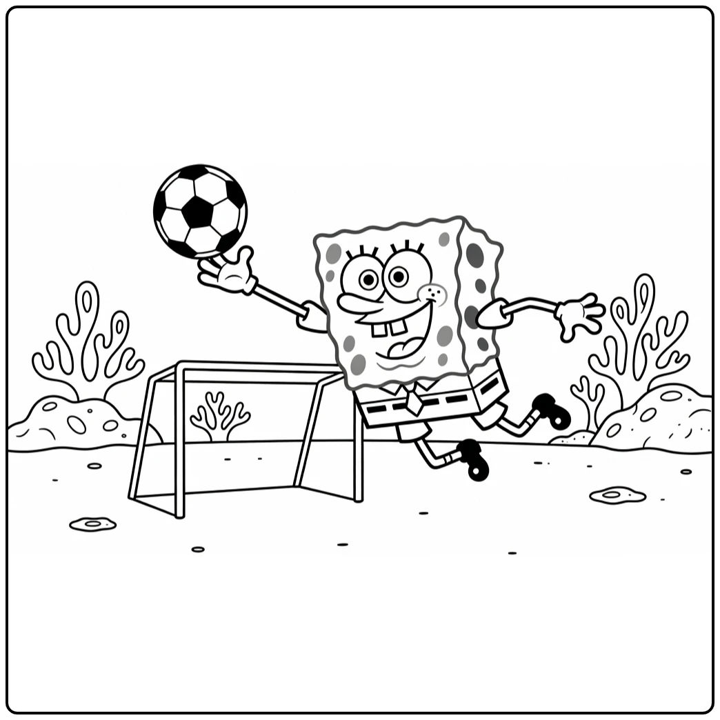 kleurplaat spongebob voetbal met duikende keeper