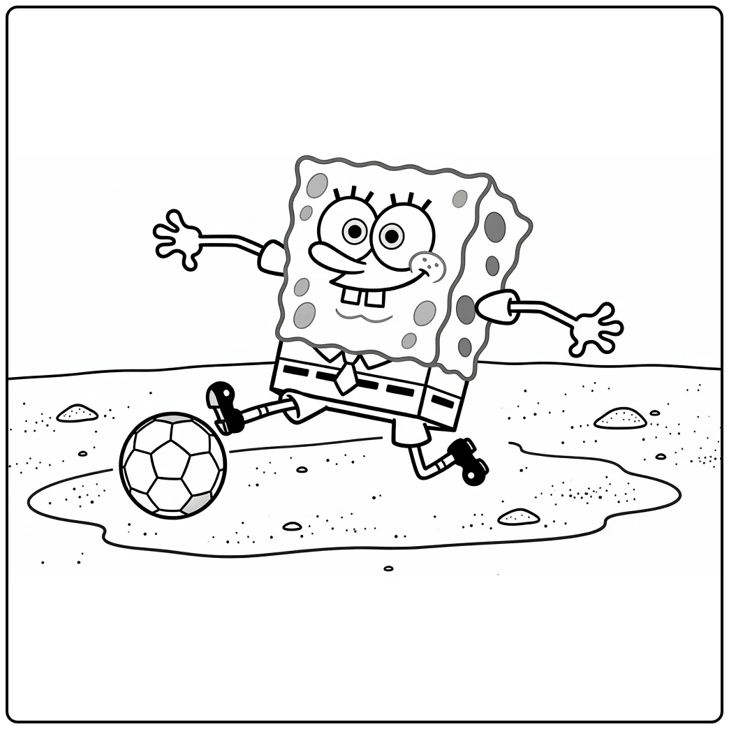 kleurplaat spongebob voetbal met SpongeBob die naar bal glijdt