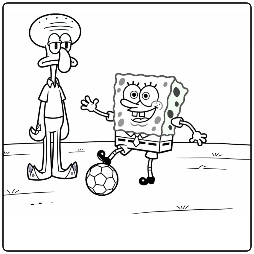 kleurplaat spongebob voetbal met SpongeBob en Squidward