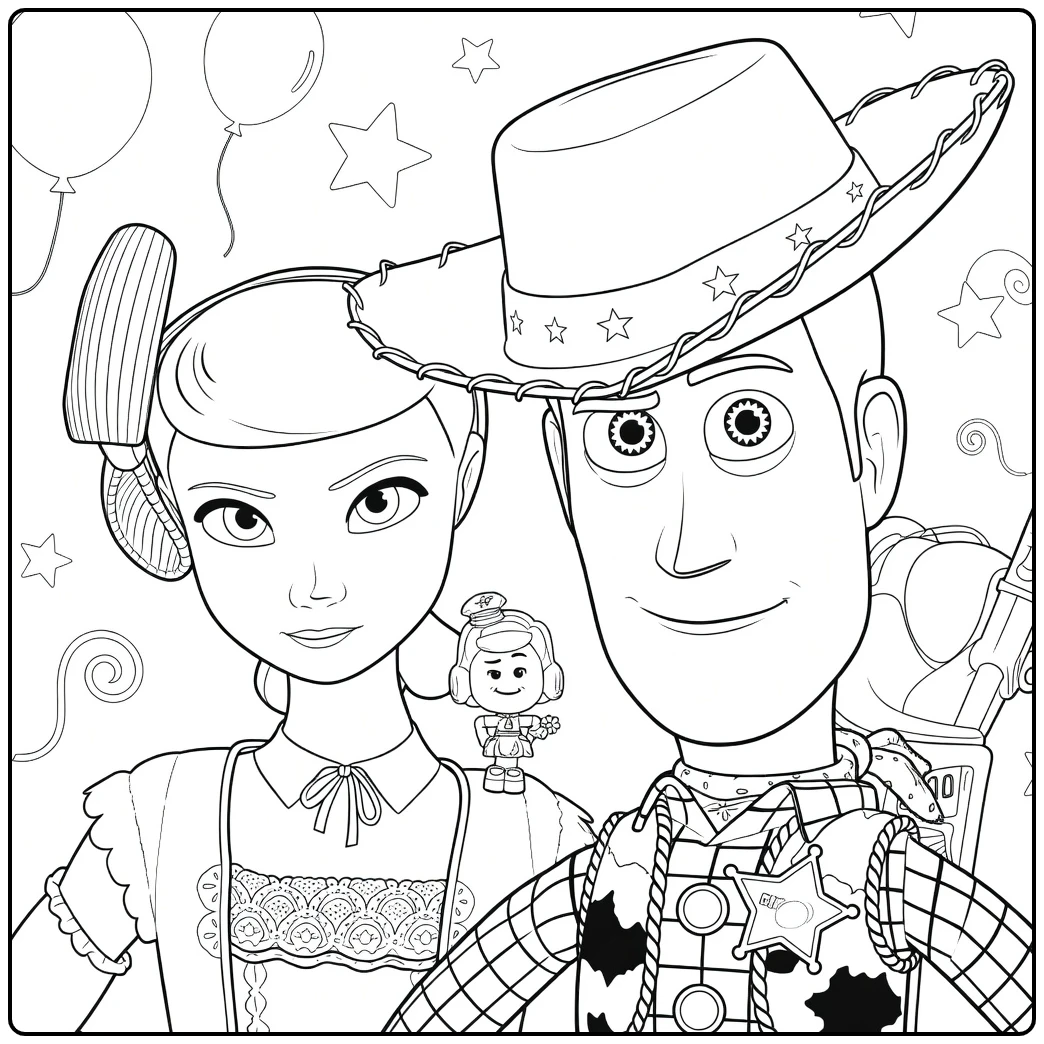 kleurplaat toy story 4 met Woody en Bo Peep voor kids