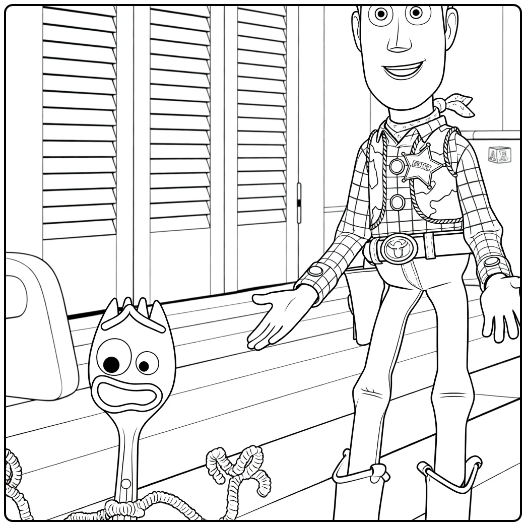 kleurplaat toy story 4 Woody en Forky avontuur