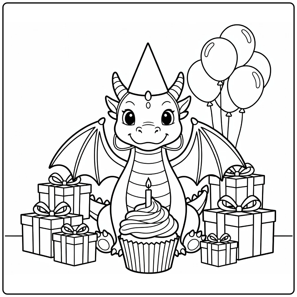 kleurplaat verjaardag draakje viert met cupcake