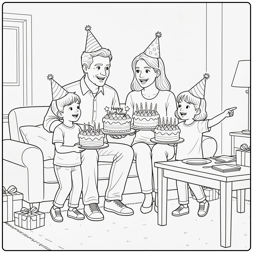 kleurplaat verjaardag familie verrassing in woonkamer