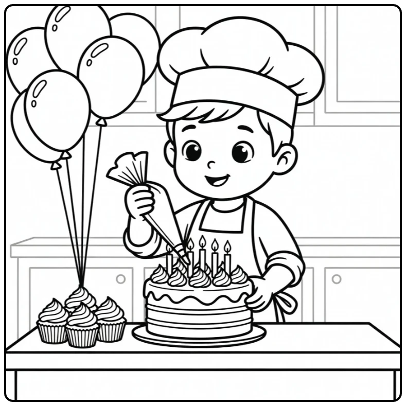 Kleurplaat verjaardag van kleine chefkok met taart