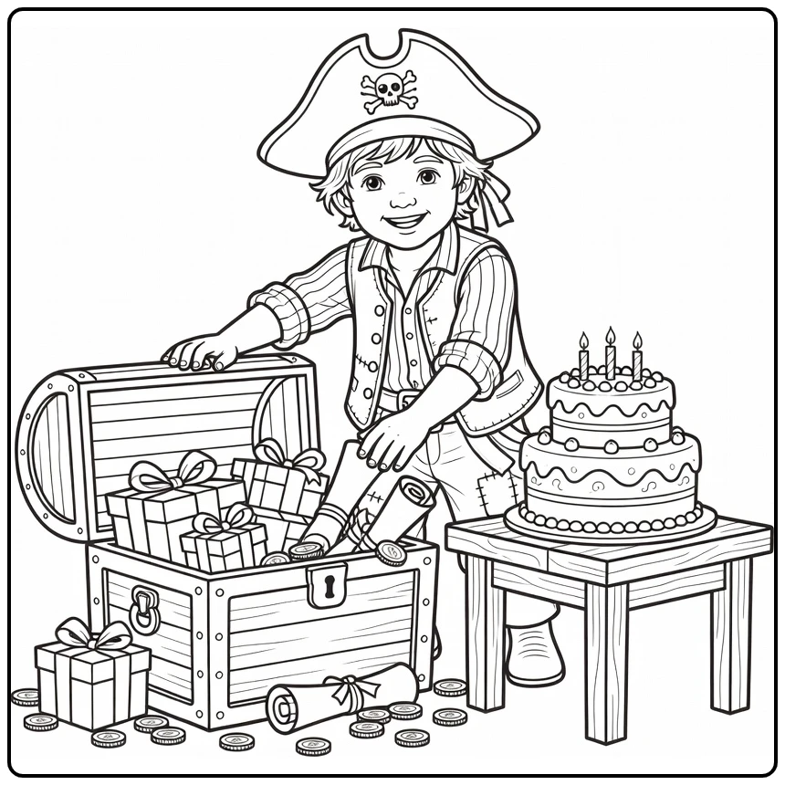 kleurplaat verjaardag piratenkind opent schatkist met cadeaus