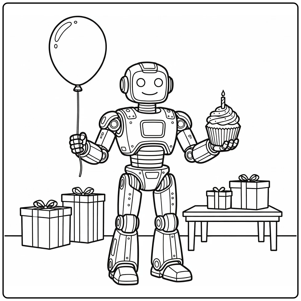 kleurplaat verjaardag met robot die ballon en cupcake vasthoudt