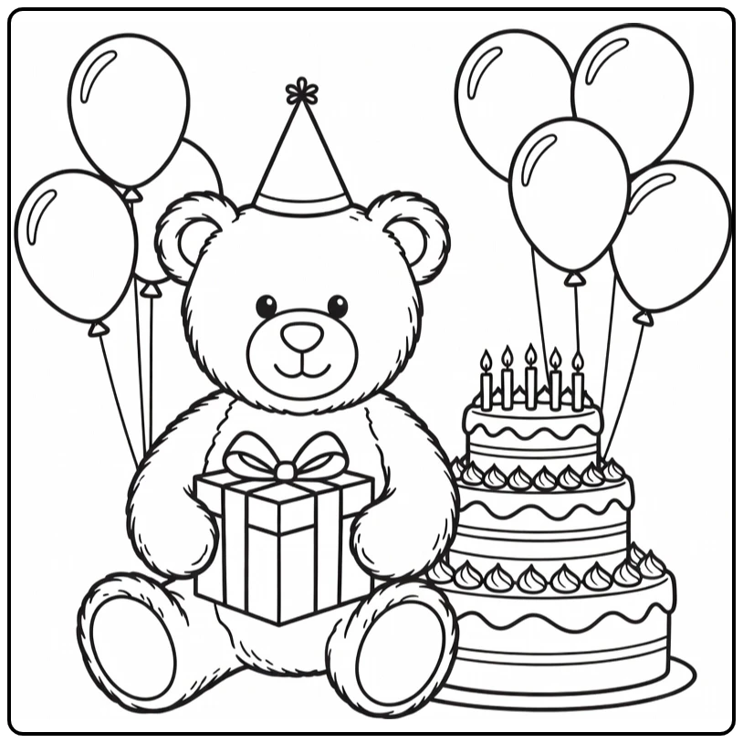 kleurplaat verjaardag met teddybeer en taart met ballonnen
