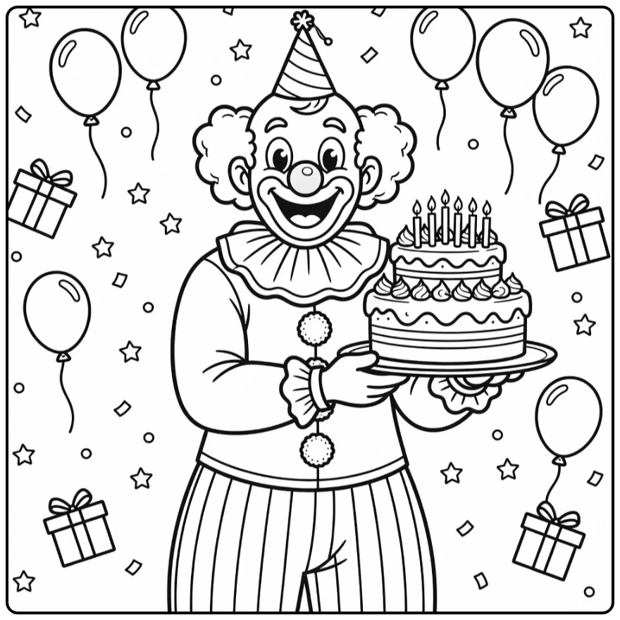 kleurplaat verjaardag clown met verjaardagstaart