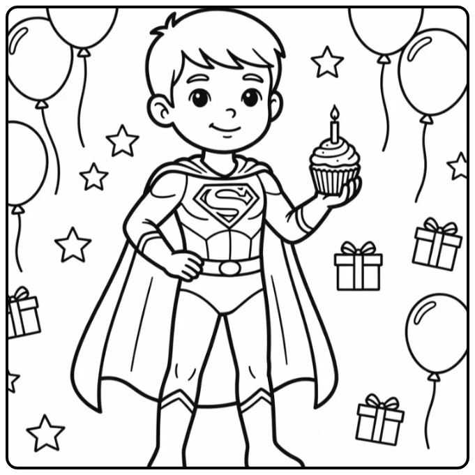 kleurplaat verjaardag superheld kind met cupcake en ballonnen