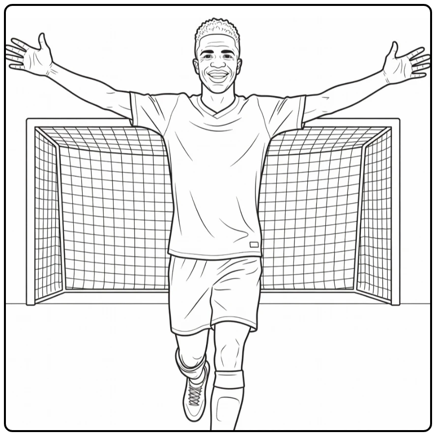 kleurplaat vini jr viert goal met open armen