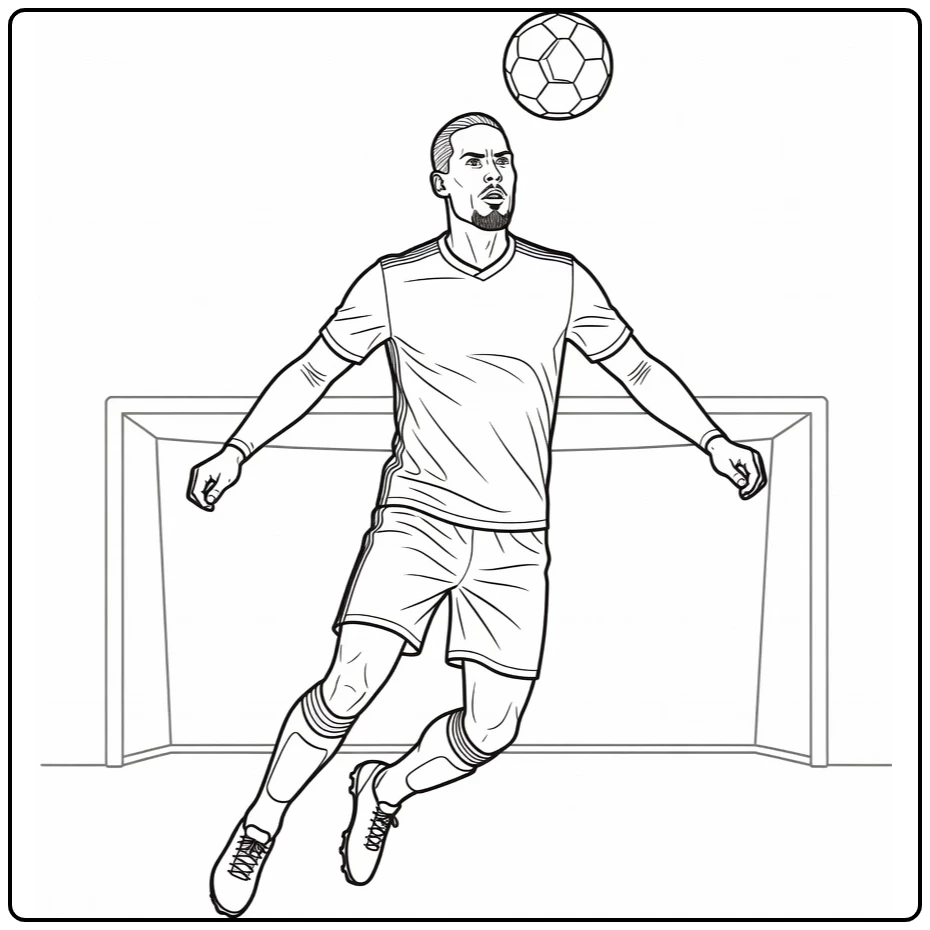 kleurplaat virgil van dijk springend hoog om de bal te koppen