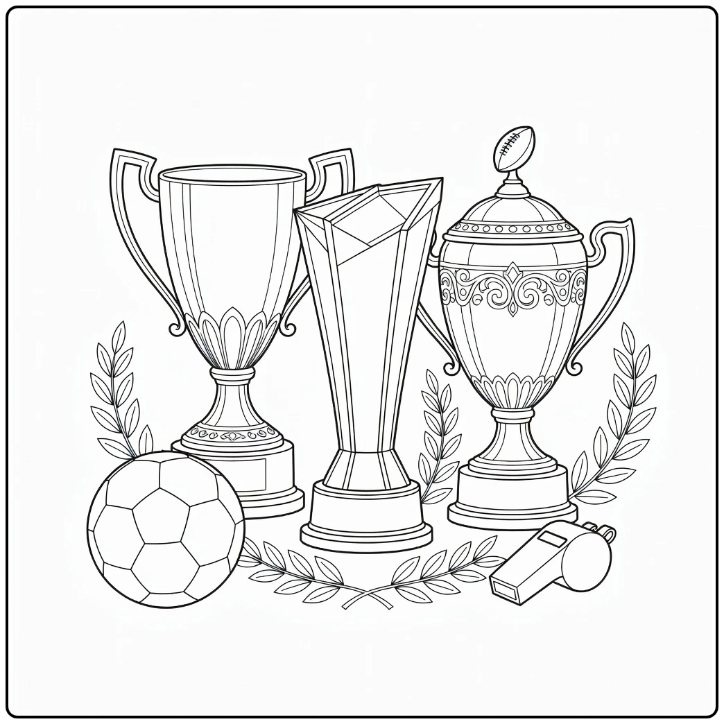 kleurplaat voetbal beker met drie verschillende trofeeën