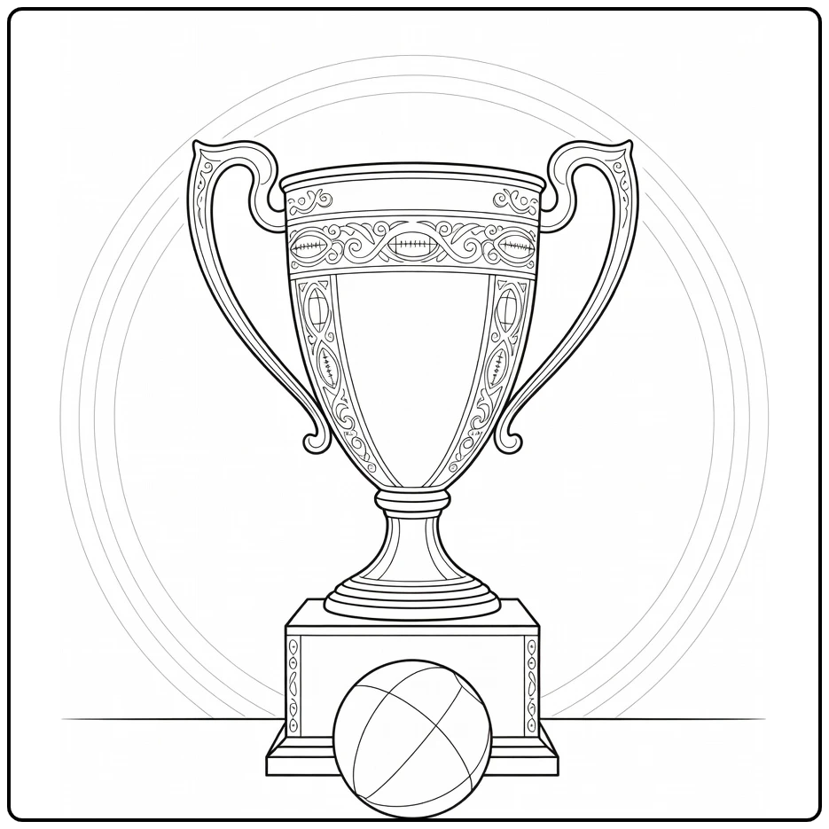 kleurplaat voetbal beker met trofee op sokkel en bal