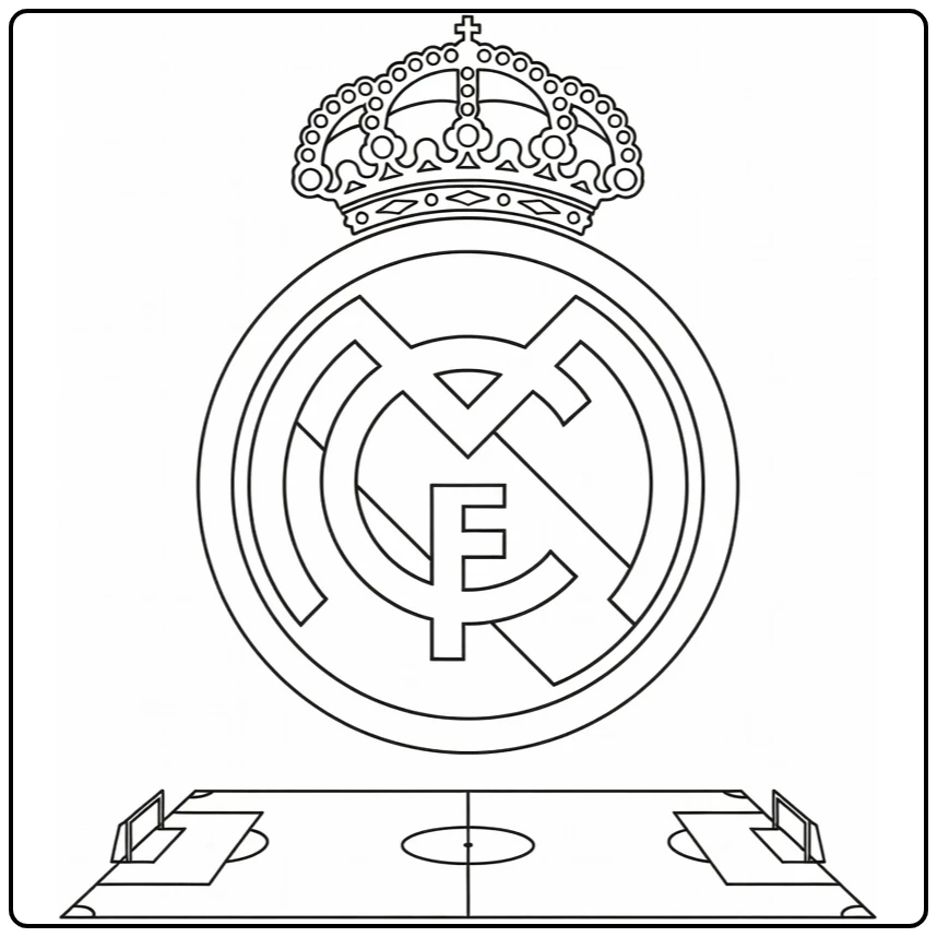 kleurplaat voetbal logo Real Madrid embleem op voetbalveld