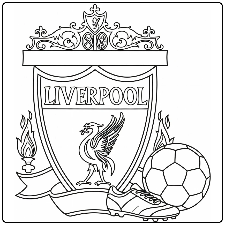 kleurplaat voetbal logo met Liverpool crest en bal
