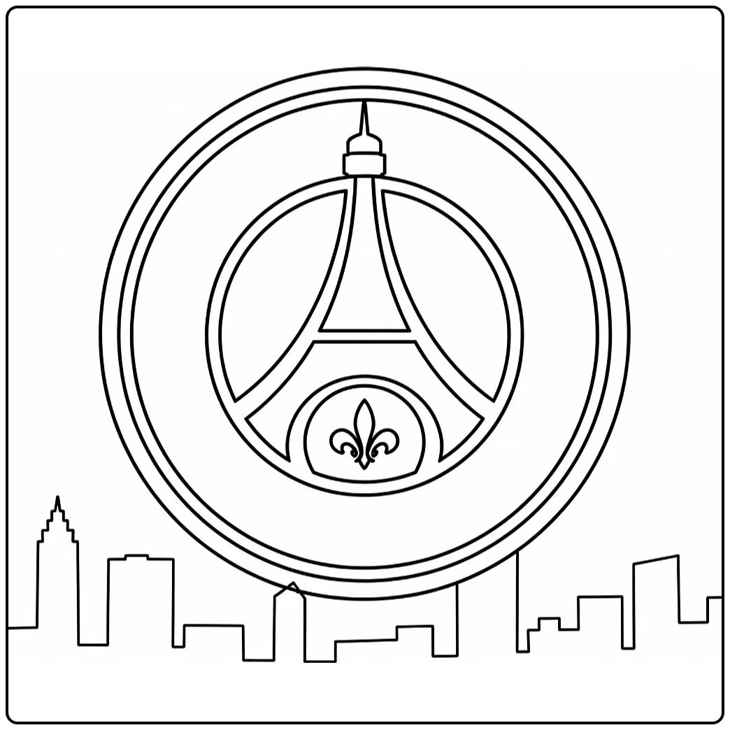 kleurplaat voetbal logo met PSG embleem en Eiffeltoren