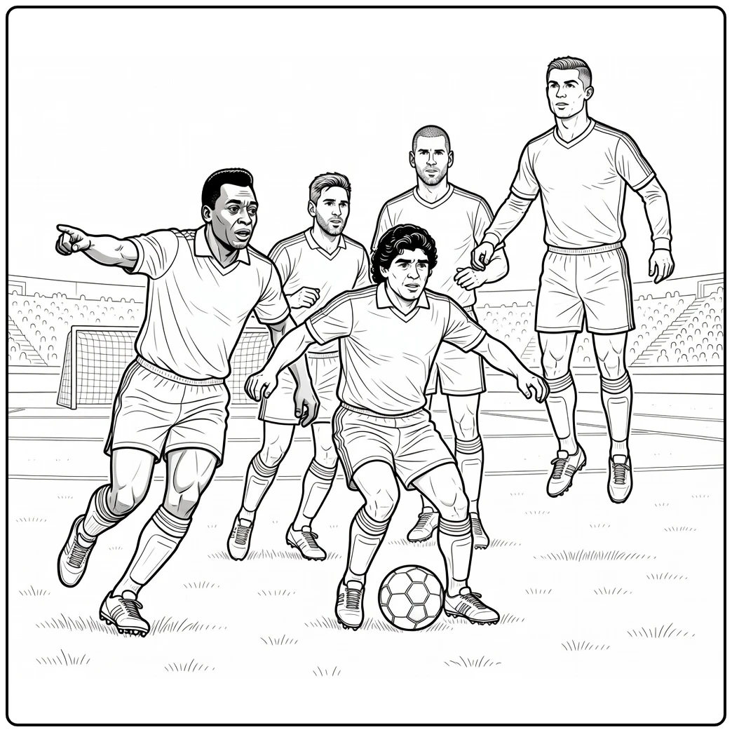 kleurplaat voetbal met Pelé, Maradona en Messi