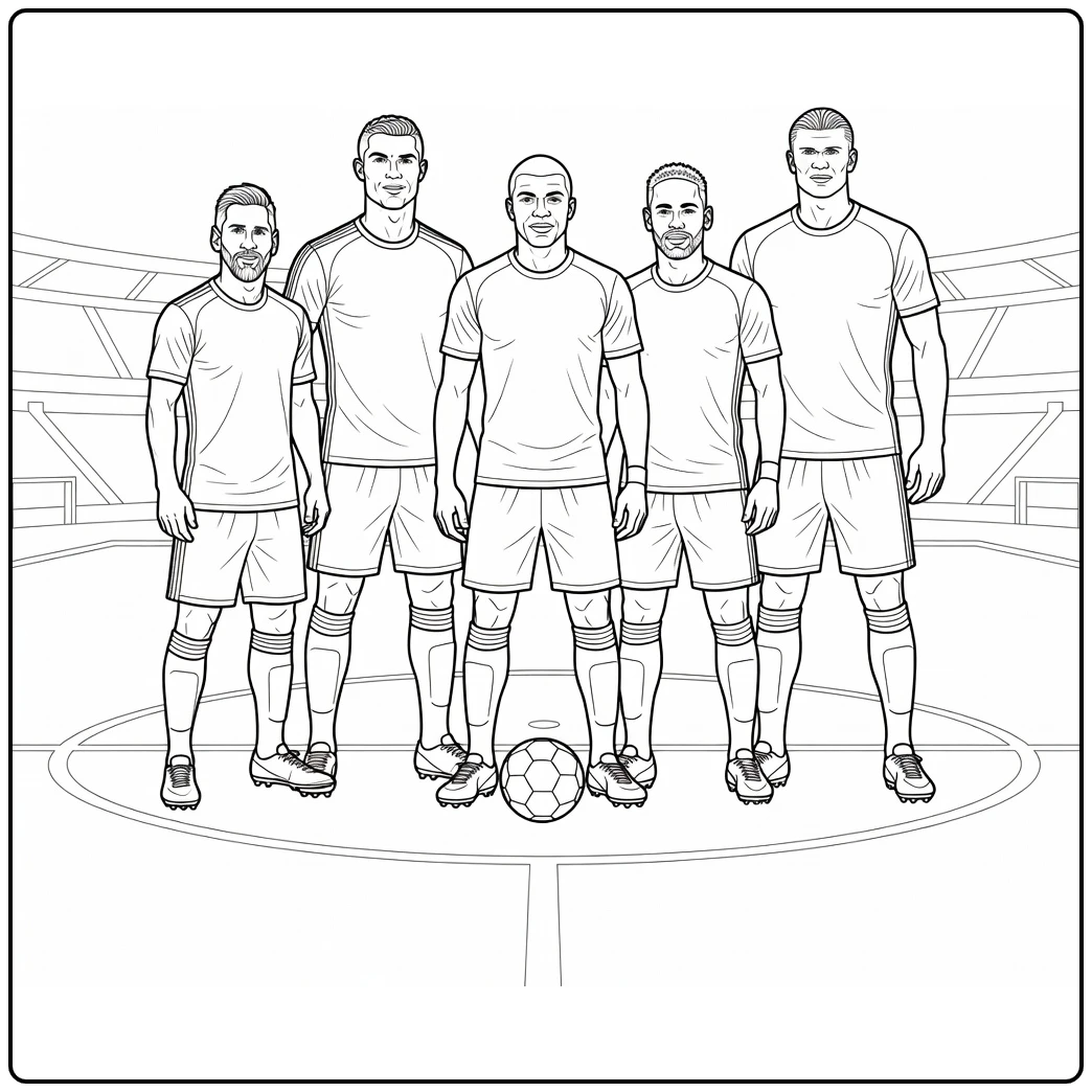 kleurplaat voetbal met vijf topvoetballers op het veld