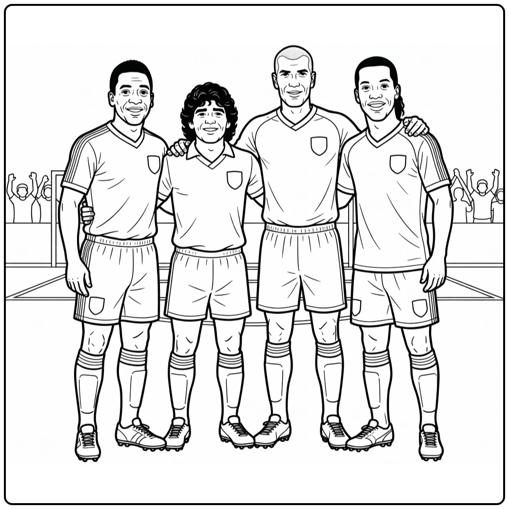 kleurplaat voetbal met vier legendes op het veld
