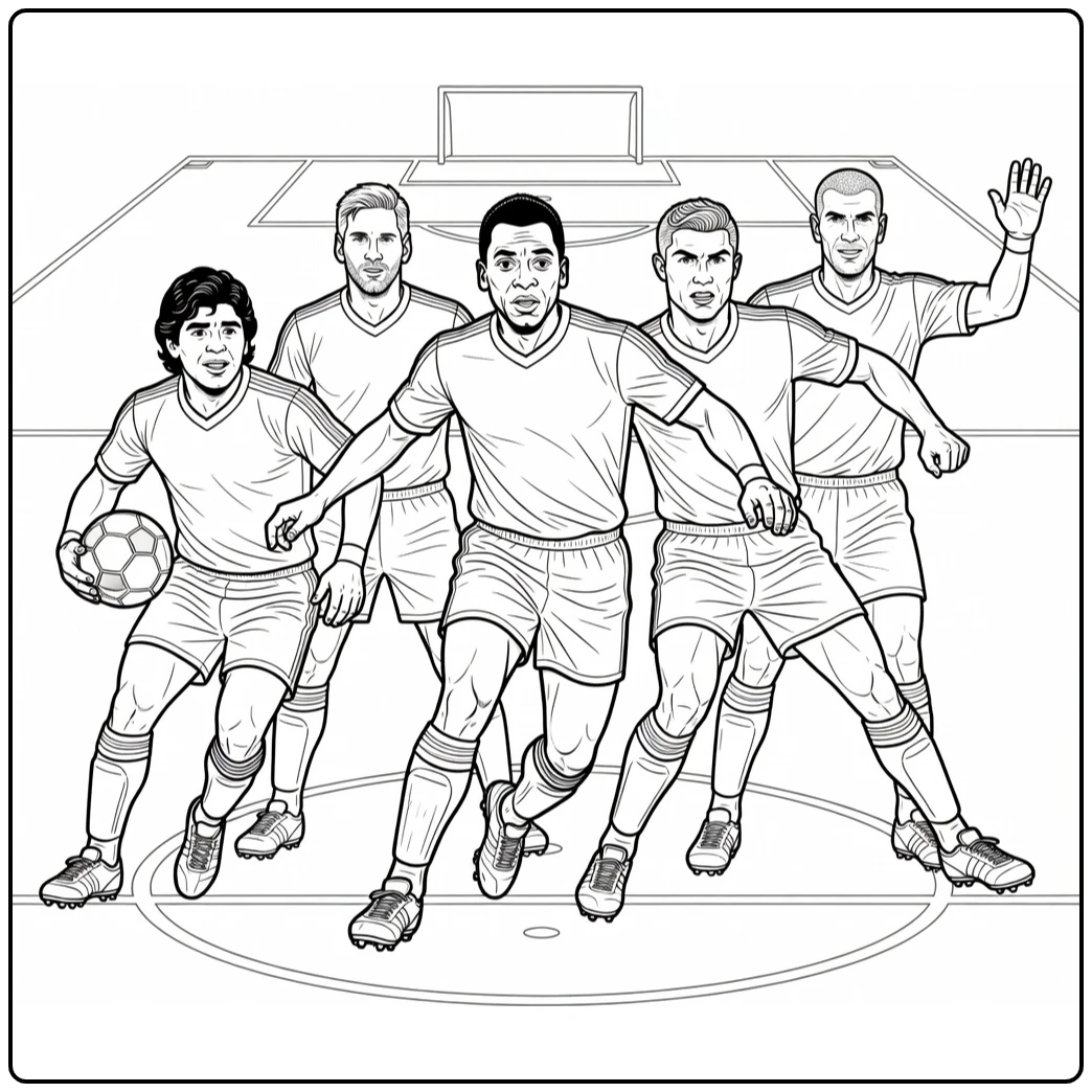 kleurplaat voetbal met Pelé Maradona Messi Ronaldo Zidane