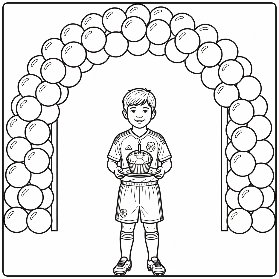 kleurplaat voetbal verjaardag kind onder ballon doelboog