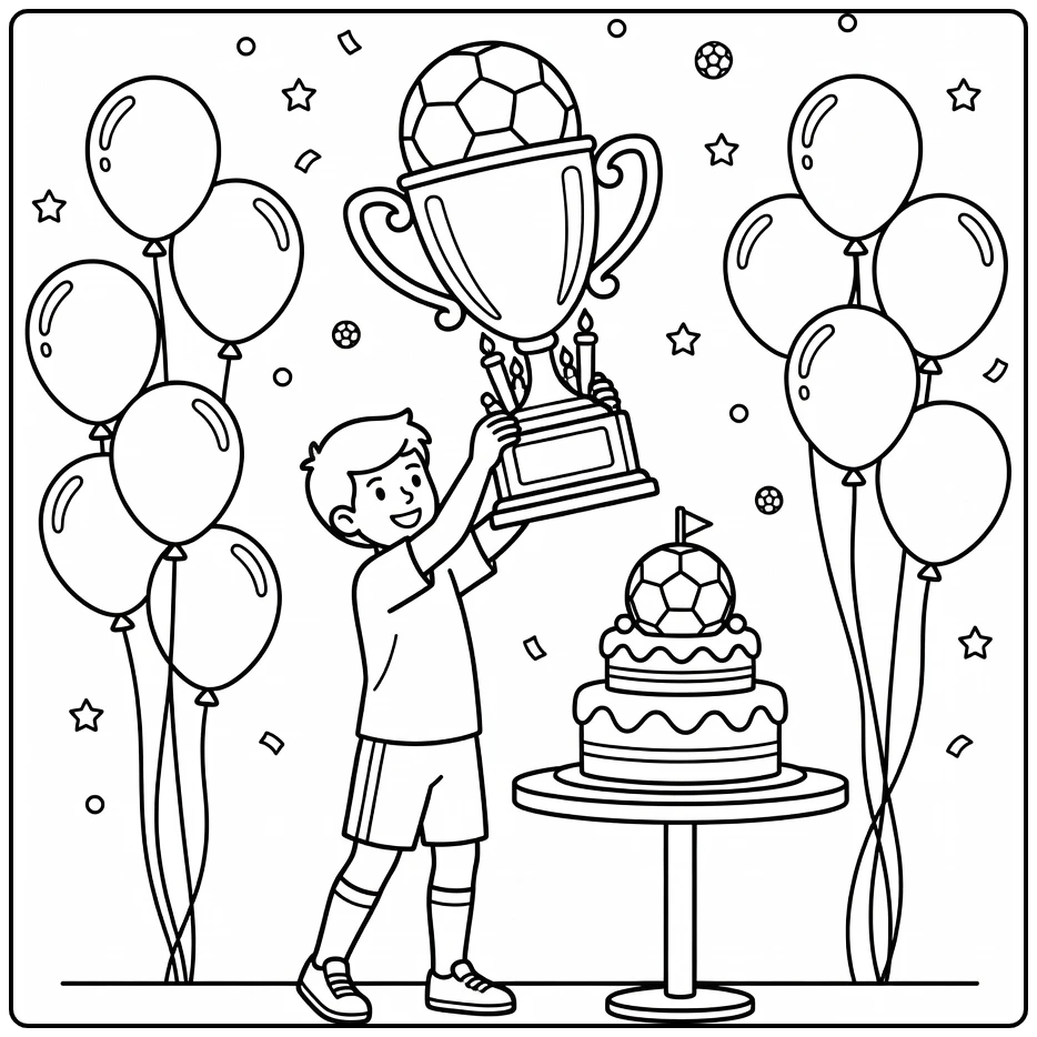 kleurplaat voetbal verjaardag kind heft trofee bij taart