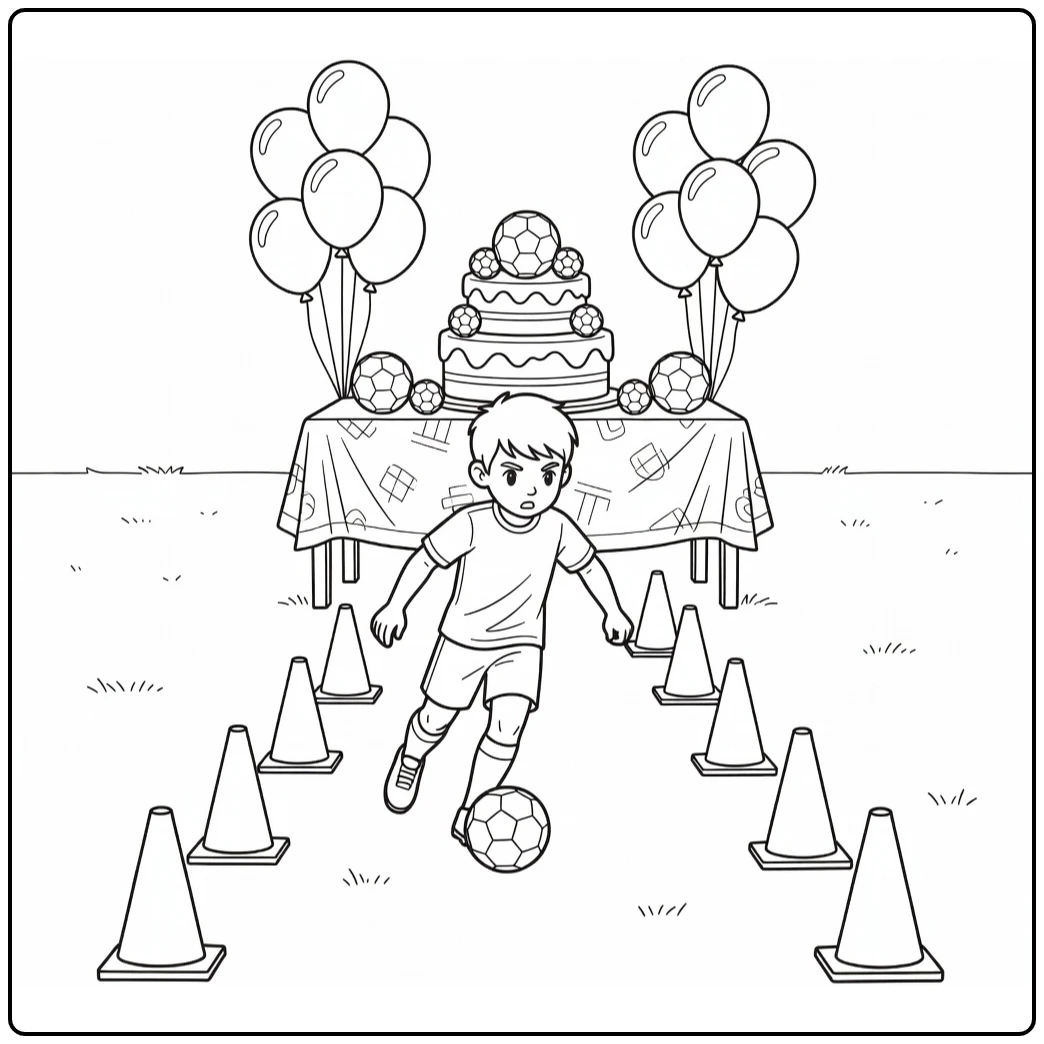 kleurplaat voetbal verjaardag kind bij taart met ballonnen