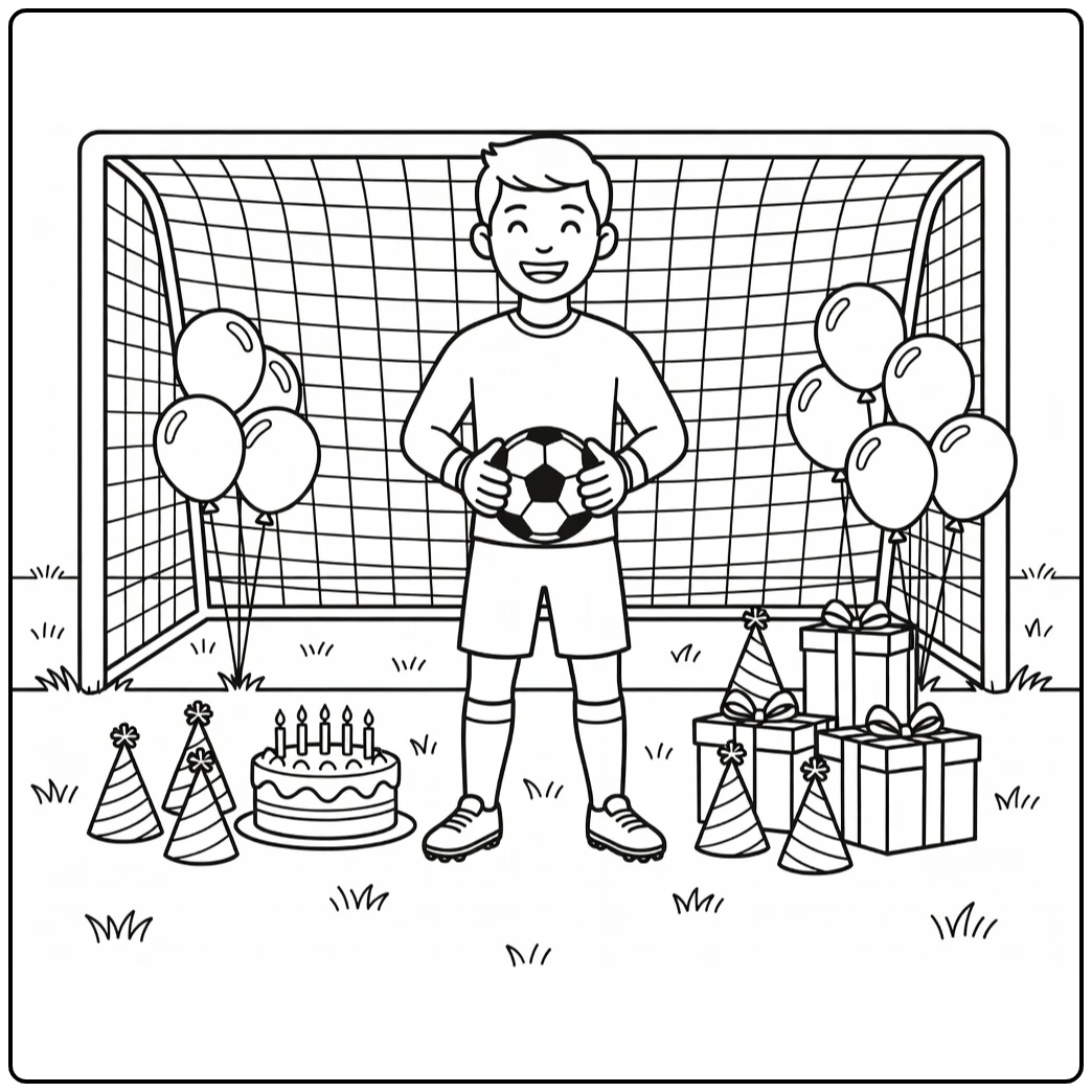 Kleurplaat Voetbal Verjaardag keeper met bal en taart