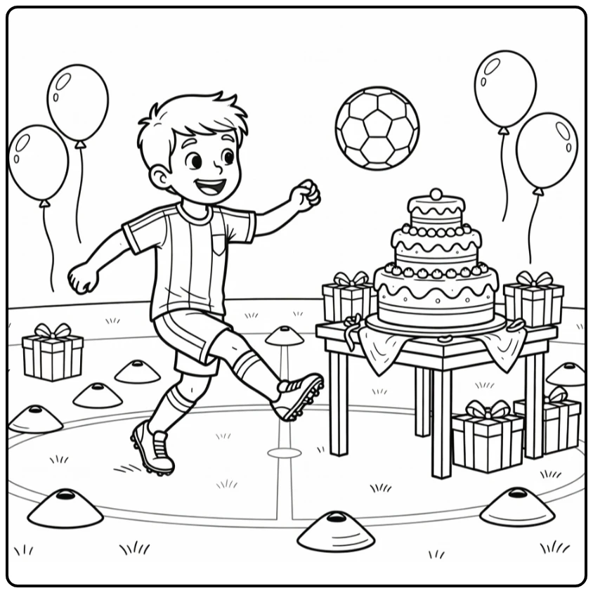 Kleurplaat Voetbal Verjaardag kind schopt bal naar taart