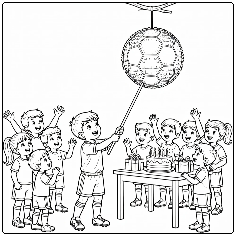 kleurplaat voetbal verjaardag met kind en piñata