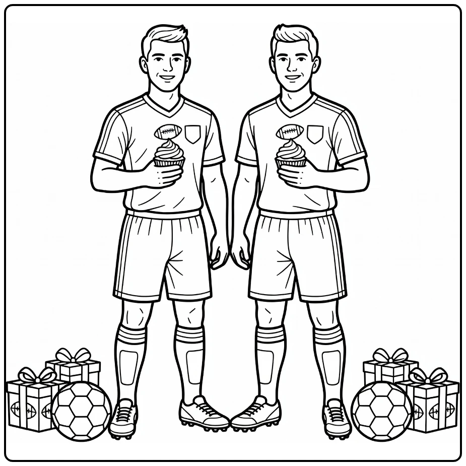 kleurplaat voetbal verjaardag met tweeling voetballers en cupcakes