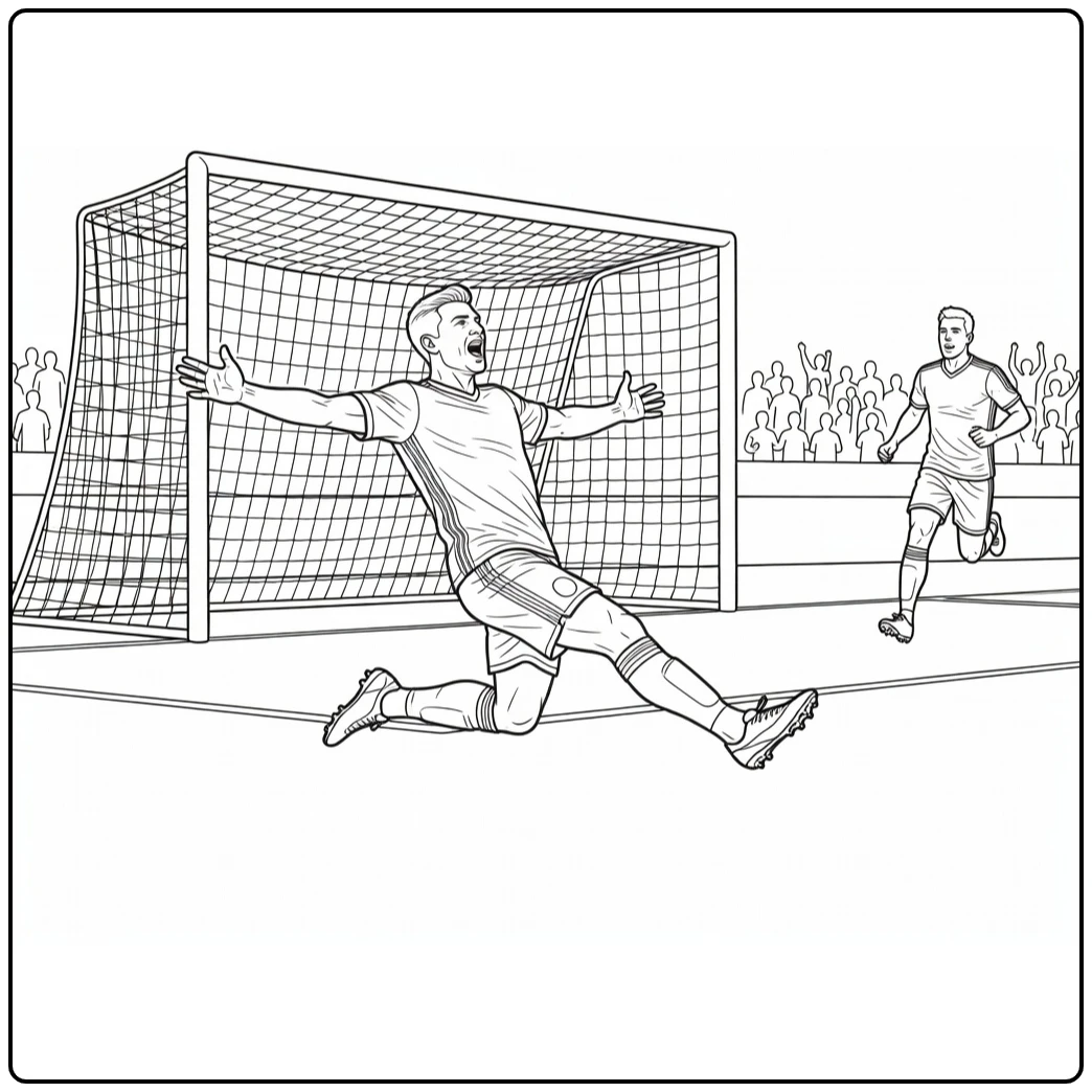 kleurplaat voetbal wk 2026 striker sliding goal viering